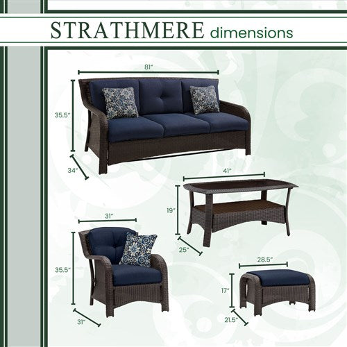 Hanover - Strathmere 6pc: Sofa, 2 Side Chairs, 2 Ottomans, Woven Coffee Table - Brown/Navy-United Backyard