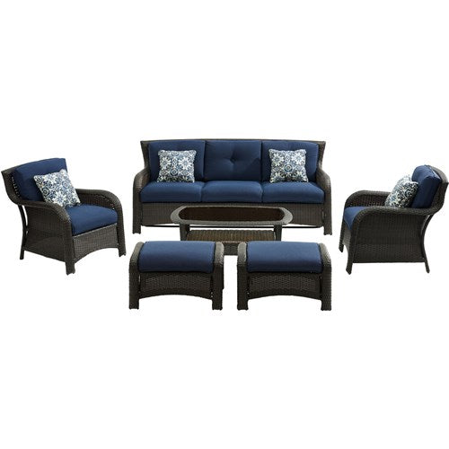 Hanover - Strathmere 6pc: Sofa, 2 Side Chairs, 2 Ottomans, Woven Coffee Table - Brown/Navy-United Backyard