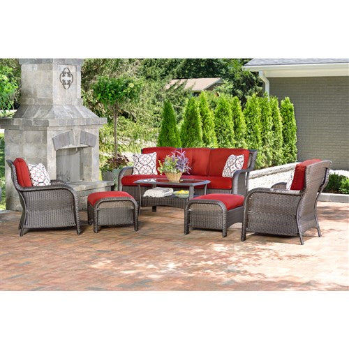 Hanover - Strathmere 6pc: Sofa, 2 Side Chairs, 2 Ottomans, Woven Coffee Table - Brown/Red-United Backyard