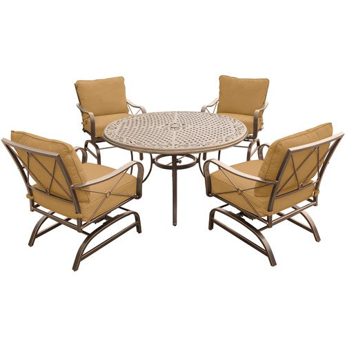 Hanover - Summer Nights 5PC Dining Set: 4 Steel Rockers with 48" Cast Table - Tan-United Backyard
