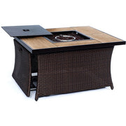 Hanover - Summer Nights 5pc: 4 cushion rockers, woven fire pit with wood tile top - Tan/Durastone-United Backyard