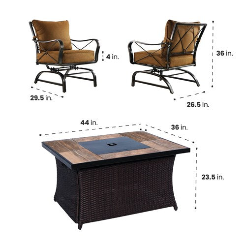 Hanover - Summer Nights 5pc: 4 cushion rockers, woven fire pit with wood tile top - Tan/Durastone-United Backyard