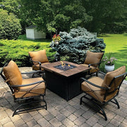 Hanover - Summer Nights 5pc: 4 cushion rockers, woven fire pit with wood tile top - Tan/Durastone-United Backyard