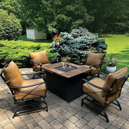 Hanover - Summer Nights 5pc: 4 cushion rockers, woven fire pit with wood tile top - Tan/Durastone-United Backyard