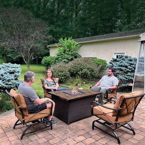 Hanover - Summer Nights 5pc: 4 cushion rockers, woven fire pit with wood tile top - Tan/Durastone-United Backyard