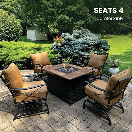 Hanover - Summer Nights 5pc: 4 cushion rockers, woven fire pit with wood tile top - Tan/Durastone-United Backyard