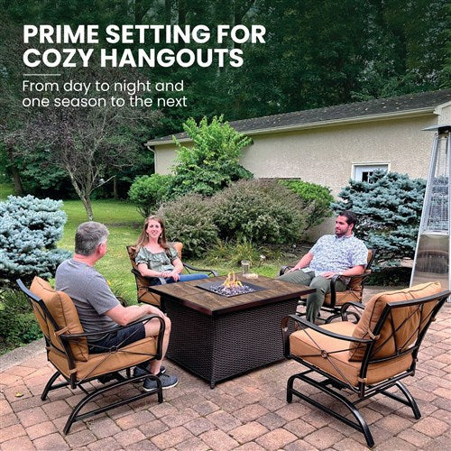 Hanover - Summer Nights 5pc: 4 cushion rockers, woven fire pit with wood tile top - Tan/Durastone-United Backyard