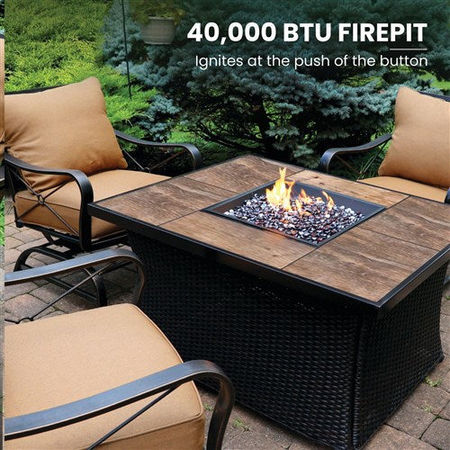 Hanover - Summer Nights 5pc: 4 cushion rockers, woven fire pit with wood tile top - Tan/Durastone-United Backyard