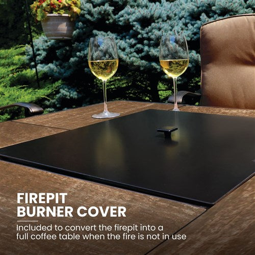 Hanover - Summer Nights 5pc: 4 cushion rockers, woven fire pit with wood tile top - Tan/Durastone-United Backyard