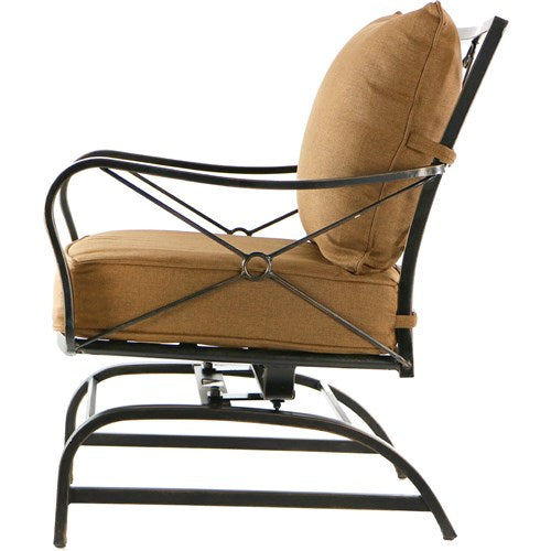 Hanover - Summer Nights 5pc Fire Pit: 4 cushion rockers, woven fire pit with tile top - Tan/Durastone-United Backyard