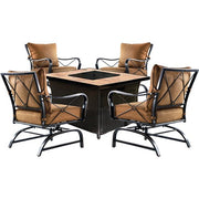 Hanover - Summer Nights 5pc Fire Pit: 4 cushion rockers, woven fire pit with tile top - Tan/Durastone-United Backyard