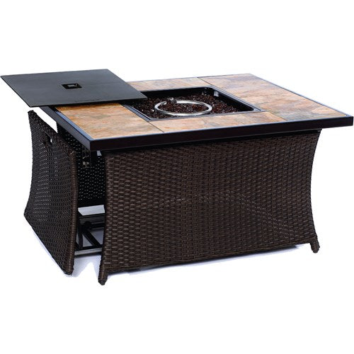 Hanover - Summer Nights 5pc Fire Pit: 4 cushion rockers, woven fire pit with tile top - Tan/Durastone-United Backyard