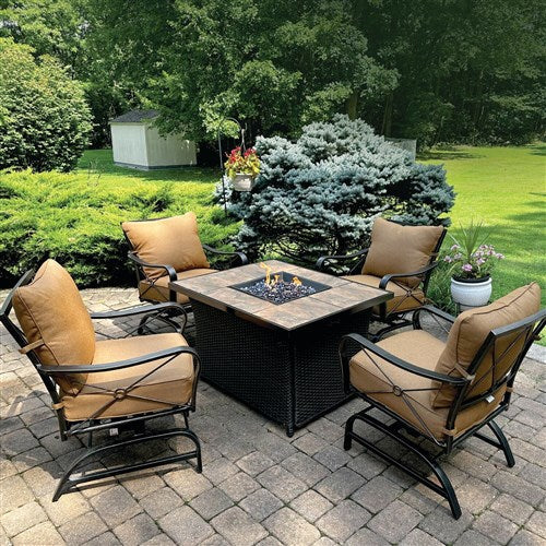 Hanover - Summer Nights 5pc Fire Pit: 4 cushion rockers, woven fire pit with tile top - Tan/Durastone-United Backyard