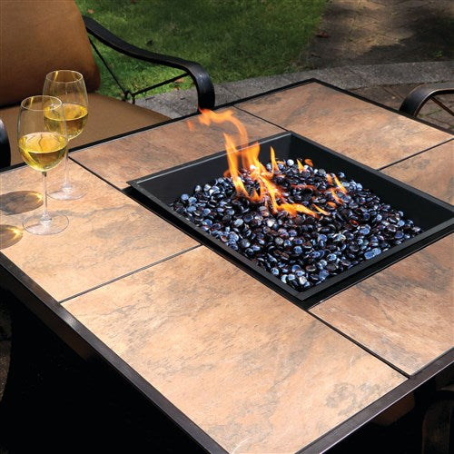 Hanover - Summer Nights 5pc Fire Pit: 4 cushion rockers, woven fire pit with tile top - Tan/Durastone-United Backyard