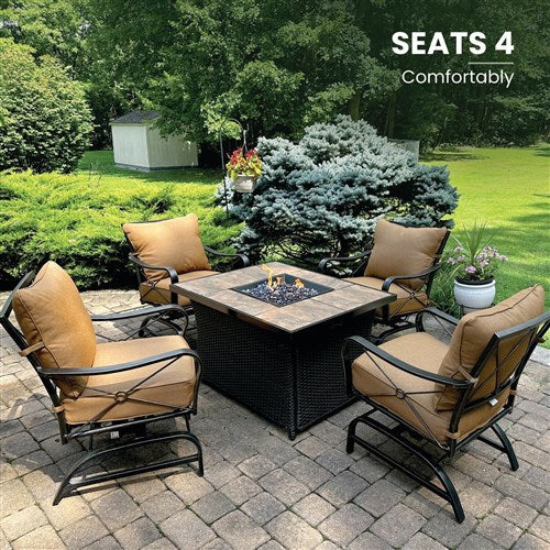 Hanover - Summer Nights 5pc Fire Pit: 4 cushion rockers, woven fire pit with tile top - Tan/Durastone-United Backyard