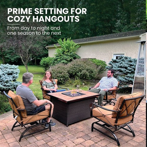 Hanover - Summer Nights 5pc Fire Pit: 4 cushion rockers, woven fire pit with tile top - Tan/Durastone-United Backyard