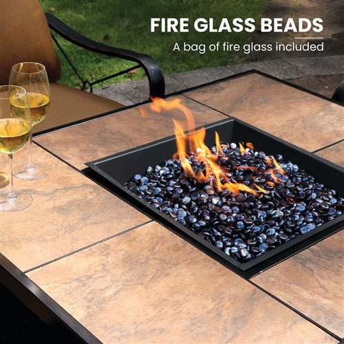 Hanover - Summer Nights 5pc Fire Pit: 4 cushion rockers, woven fire pit with tile top - Tan/Durastone-United Backyard