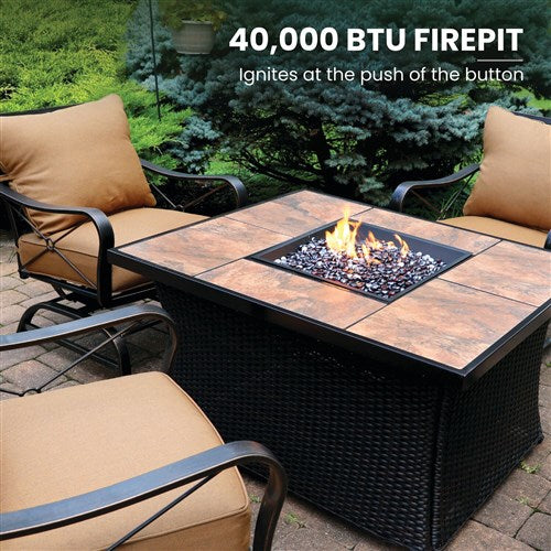 Hanover - Summer Nights 5pc Fire Pit: 4 cushion rockers, woven fire pit with tile top - Tan/Durastone-United Backyard