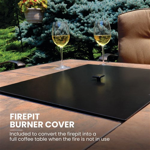 Hanover - Summer Nights 5pc Fire Pit: 4 cushion rockers, woven fire pit with tile top - Tan/Durastone-United Backyard