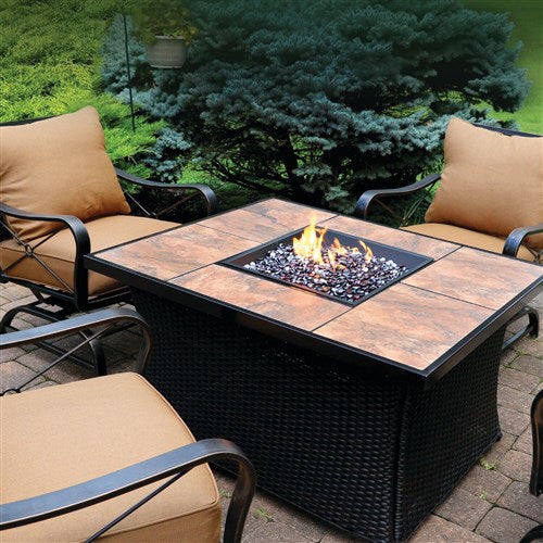 Hanover - Summer Nights 5pc Fire Pit: 4 cushion rockers, woven fire pit with tile top - Tan/Durastone-United Backyard