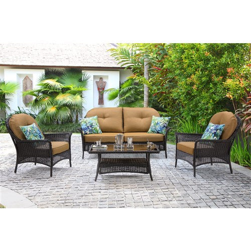 Hanover - Sun Porch 4pc Set: 1 Loveseat, 2 Side Chairs and Coffee Table - Tan/Brown-United Backyard