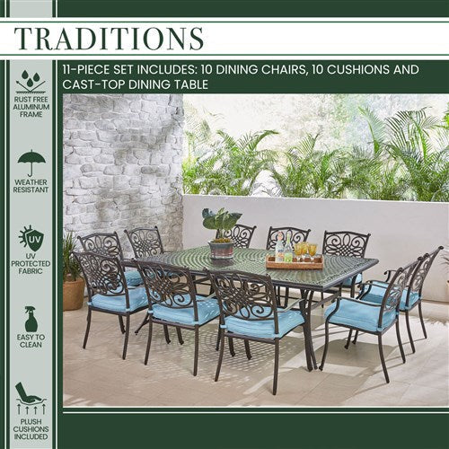 Hanover - Traditions 11pc: 10 Dining Chairs, 60x84" Cast Table - Blue/Cast-United Backyard