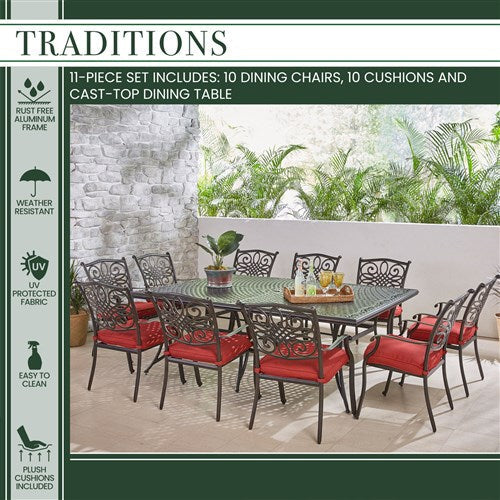 Hanover - Traditions 11pc: 10 Dining Chairs, 60x84" Cast Table - Red/Cast-United Backyard