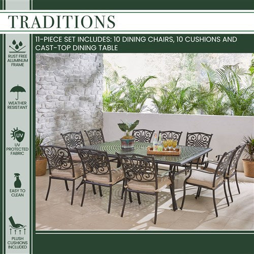 Hanover - Traditions 11pc: 10 Dining Chairs, 60x84" Cast Table - Tan/Cast-United Backyard