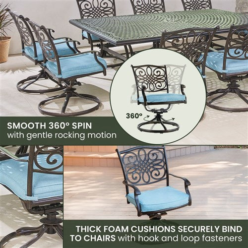 Hanover - Traditions 11pc: 10 Swivel Rockers, 60x84" Cast Table - Blue/Cast-United Backyard