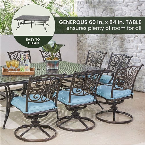 Hanover - Traditions 11pc: 10 Swivel Rockers, 60x84" Cast Table - Blue/Cast-United Backyard