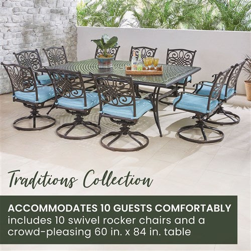 Hanover - Traditions 11pc: 10 Swivel Rockers, 60x84" Cast Table - Blue/Cast-United Backyard