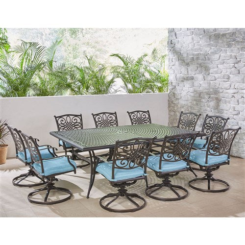 Hanover - Traditions 11pc: 10 Swivel Rockers, 60x84" Cast Table - Blue/Cast-United Backyard