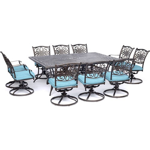 Hanover - Traditions 11pc: 10 Swivel Rockers, 60x84" Cast Table - Blue/Cast-United Backyard