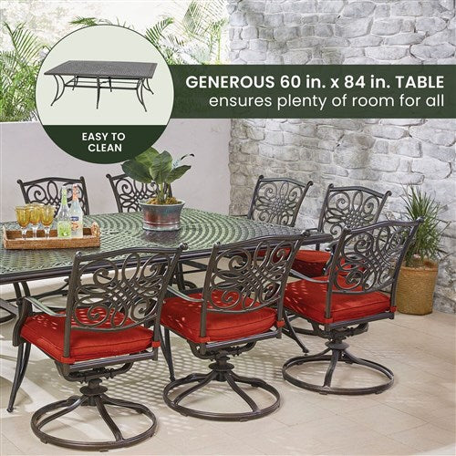 Hanover - Traditions 11pc: 10 Swivel Rockers, 60x84" Cast Table - Red/Cast-United Backyard