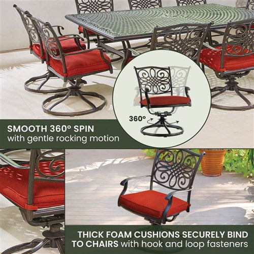 Hanover - Traditions 11pc: 10 Swivel Rockers, 60x84" Cast Table - Red/Cast-United Backyard