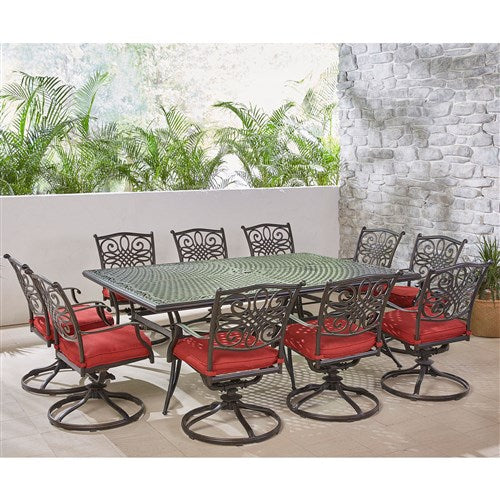 Hanover - Traditions 11pc: 10 Swivel Rockers, 60x84" Cast Table - Red/Cast-United Backyard