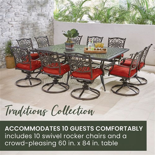 Hanover - Traditions 11pc: 10 Swivel Rockers, 60x84" Cast Table - Red/Cast-United Backyard