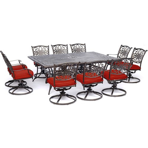 Hanover - Traditions 11pc: 10 Swivel Rockers, 60x84" Cast Table - Red/Cast-United Backyard