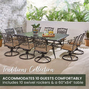 Hanover - Traditions 11pc: 10 Swivel Rockers, 60x84" Cast Table - Tan/Cast-United Backyard