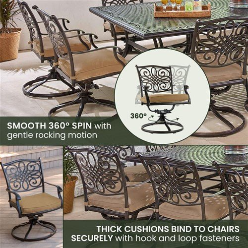 Hanover - Traditions 11pc: 10 Swivel Rockers, 60x84" Cast Table - Tan/Cast-United Backyard