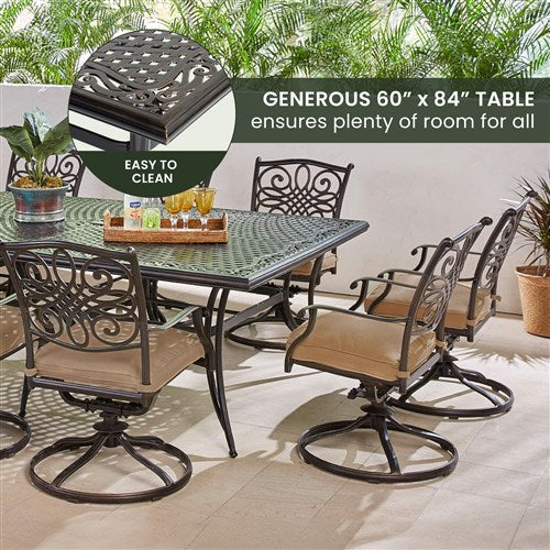 Hanover - Traditions 11pc: 10 Swivel Rockers, 60x84" Cast Table - Tan/Cast-United Backyard