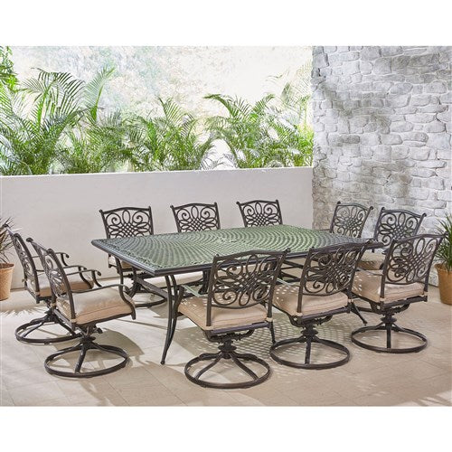 Hanover - Traditions 11pc: 10 Swivel Rockers, 60x84" Cast Table - Tan/Cast-United Backyard