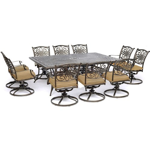 Hanover - Traditions 11pc: 10 Swivel Rockers, 60x84" Cast Table - Tan/Cast-United Backyard