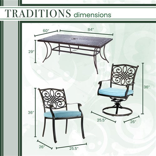 Hanover - Traditions 11pc: 6 Dining Chairs, 4 Swivel Rockers, 60x84" Cast Table - Blue/Cast-United Backyard