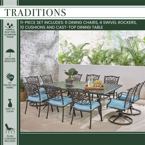 Hanover - Traditions 11pc: 6 Dining Chairs, 4 Swivel Rockers, 60x84" Cast Table - Blue/Cast-United Backyard