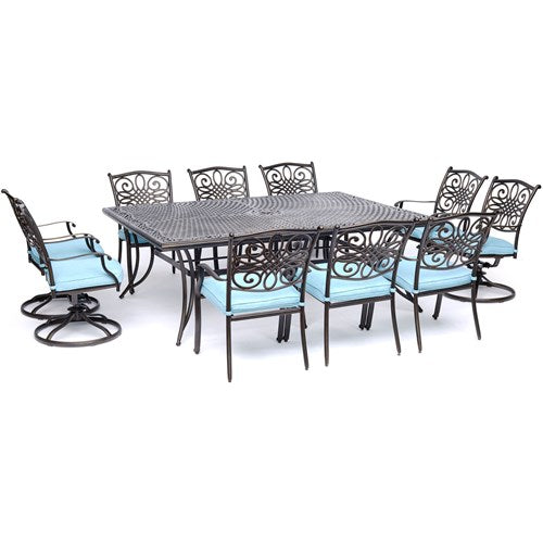 Hanover - Traditions 11pc: 6 Dining Chairs, 4 Swivel Rockers, 60x84" Cast Table - Blue/Cast-United Backyard