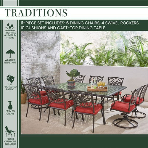 Hanover - Traditions 11pc: 6 Dining Chairs, 4 Swivel Rockers, 60x84" Cast Table - Red/Cast-United Backyard