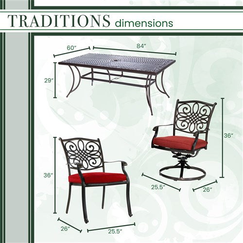 Hanover - Traditions 11pc: 6 Dining Chairs, 4 Swivel Rockers, 60x84" Cast Table - Red/Cast-United Backyard