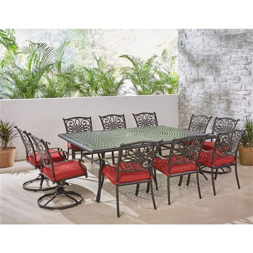 Hanover - Traditions 11pc: 6 Dining Chairs, 4 Swivel Rockers, 60x84" Cast Table - Red/Cast-United Backyard