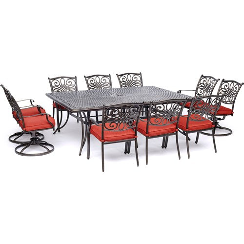 Hanover - Traditions 11pc: 6 Dining Chairs, 4 Swivel Rockers, 60x84" Cast Table - Red/Cast-United Backyard